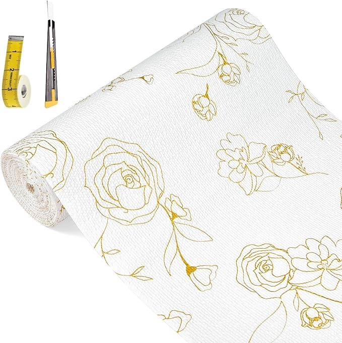 Shelf Liners for Kitchen Cabinets 12in x 10FT Non Adhesive Drawer Liner Gold Floral Thickened Shelf Liner Paper Strong Non-Slip Easy to Clean for Tool Box Refrigerator with Knife and Tape Measure by Oneoftheworld