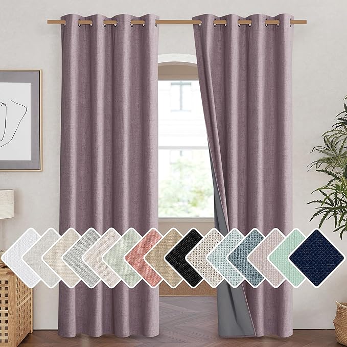 NICETOWN Chaise Mauve Vintage Linen 100% Blackout Curtains for Living Room, Thermal Insulated Curtains 90" Long, Noise Reducing Window Treatment Drapes for Home Cinema, 52" Wide Per Panel, Set of 2 by NICETOWN