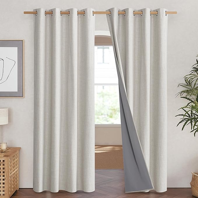 NICETOWN Snowbound Vintage Linen 100% Blackout Curtains for Living Room, Thermal Insulated Curtains 90" Long, Noise Reducing Window Treatment Drapes for Home Cinema, 52" Wide Per Panel, Set of 2 - Image 2