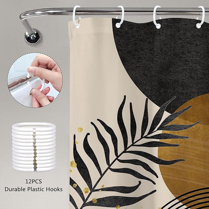 Black Boho Shower Curtain 60Wx72H Modern Bohemian Abstract Brown Tan Mid Century Gold Leaves Plant Botanical Arch Bathroom Decor Minimalist Geometric Bath Curtain Fabric Polyester 12 Pack Hooks - Image 6