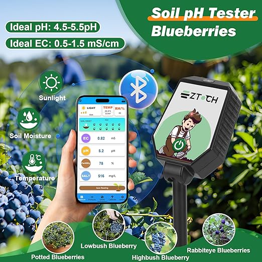 Bluetooth Soil pH EC Tester, Smart Plant pH Fertility Meter, 8 in 1 pH EC Fertility Temp Salt Moisture Light Intensity Air Humidity Monitor for Blueberry, Garden, Lawn, Raised Garden Beds - Image 3