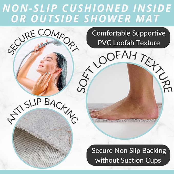 ENKOSI Loofah Non-Slip Shower and Bath Mat - Soft Cushioned Comfort - No Suction Cups for Smooth or Textured Tubs - Fast Draining - Safety for Bathroom, Family and Elderly (24x16 Marble Blue Gold) - Image 2