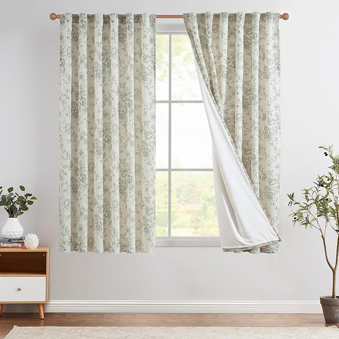 jinchan Linen Blend Floral Curtains for Living Room 63 Inches Extra Long Farmhouse Printed Curtain Back Tab Green Peony Flower Patterned Drapes Bedroom Window Curtains Set 2 Panels by JINCHAN