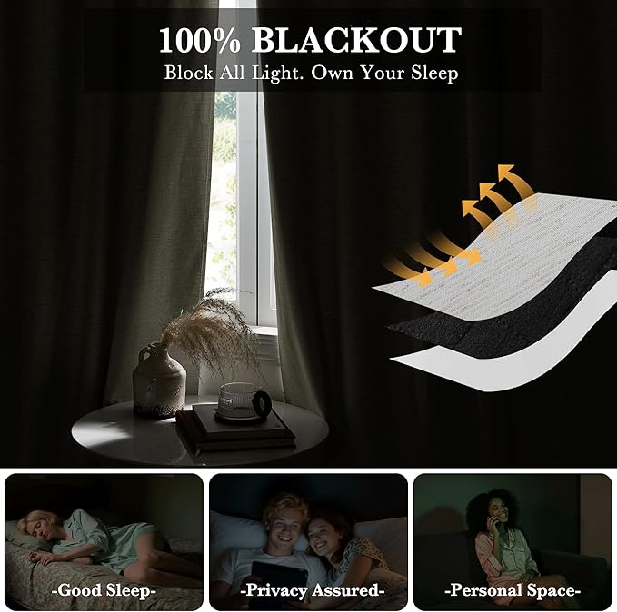RYB HOME Ivory White 100% Blackout Curtains for Bedroom, Linen Drapes Back Tab&Rod Pocket, Thermal Insulated Privacy Assurd Curtains for Sliding Glass Doors/Dining/Living Room, W52 x L90, 2 Panels - Image 3