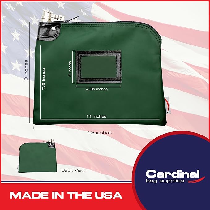 Heavy-Duty Money Bag with Lock – 9" x 12" Water-Repellent Laminated Nylon Bank Deposit Bag with Combination & Keyed Security for Cash, ID Window, Made in USA (Forest Green) - Image 2