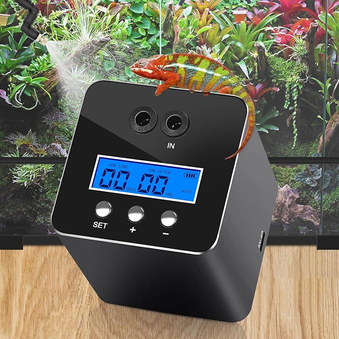 reptile humidifier, LCD with timing function, time length and interval can be set, reptile mister system with 2 spray nozzles, misting system for reptiles of amphibians, tanks, Paludarium by RUNWUSHENG