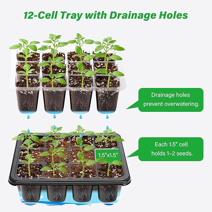 Bonviee 5-Pack Seed Starter Tray Seedling Kits,Plant Starter Kit with Adjustable Humidity Dome and Base Indoor Greenhouse Mini Propagator for Seeds Growing Starting (12 Cells per Tray,Black) - Image 7