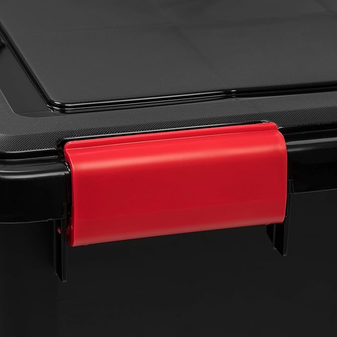 IRIS USA WeatherPro 74 Qt Storage Bins with Lids, 3 Pack, BPA-Free Plastic Gasket Box with Tight Latch and Seal, Stackable Nestable Tote Tub - Black/Red - Image 6