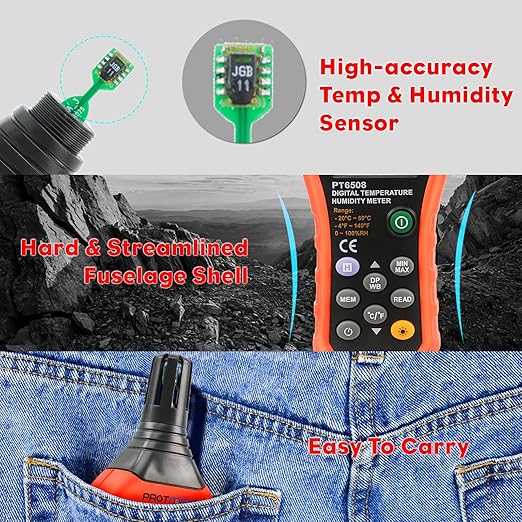 Protmex Digital Temperature Humidity Meter, Thermometer Hygrometer with Ambient Dew Point and Wet Bulb Temperature Indoor and Outdoor, Data Logger with Min/Max Hold, LCD Backlight, PT6508 - Image 7