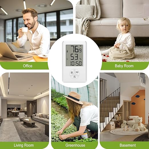 Urageuxy Digital Hygrometer Indoor Thermometer Humidity Meter with Temperature and Humidity Room Thermometer with Time Alarm Clock for Home, Bedroom, Baby Room, Office, Greenhouse, Cellar - Image 6