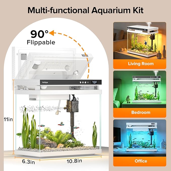 Fish Tank Aquarium, 2.2 Gallon Smart Fish Aquarium Kits with Auto Feeder, Silent Water Pump, Temperature Display, Smart Humidifier & 7-Color Lighting, for Office & Home - White - Image 6