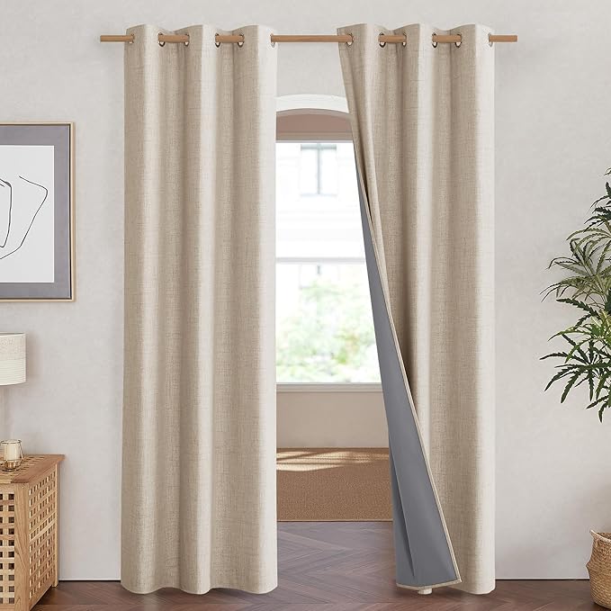 NICETOWN Cream Full Blackout Boho-Chic Linen Curtains 84 inch Long 2 Panels Set for Cafe Window, 42 inch Wide, Thick Linen Blend Drapes, Insulated Window Covers Draperies with White Backing - Image 2