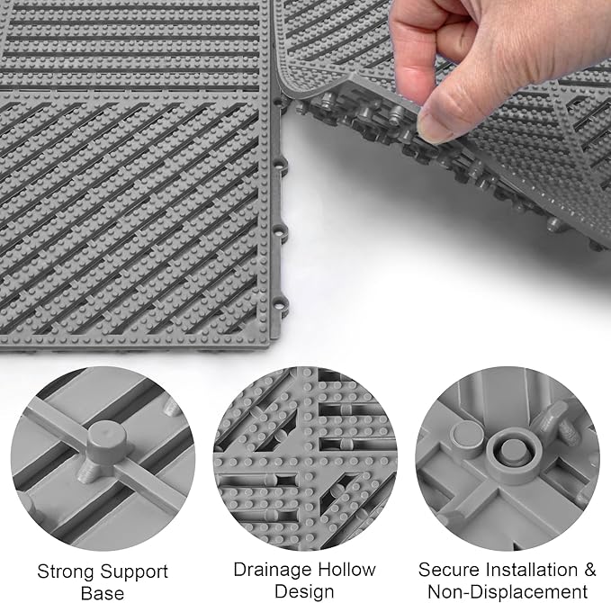 MYFAMIREA Modular Interlocking Cushion 12 Pack 11.8" x 11.8" Rubber Floor Tiles Non-Slip Splicing Drainage Mats for Deck, Pool, Shower, Patio, Balcony, Bathroom, Kitchen, Yard (2 Rows Dots, Gray) - Image 4