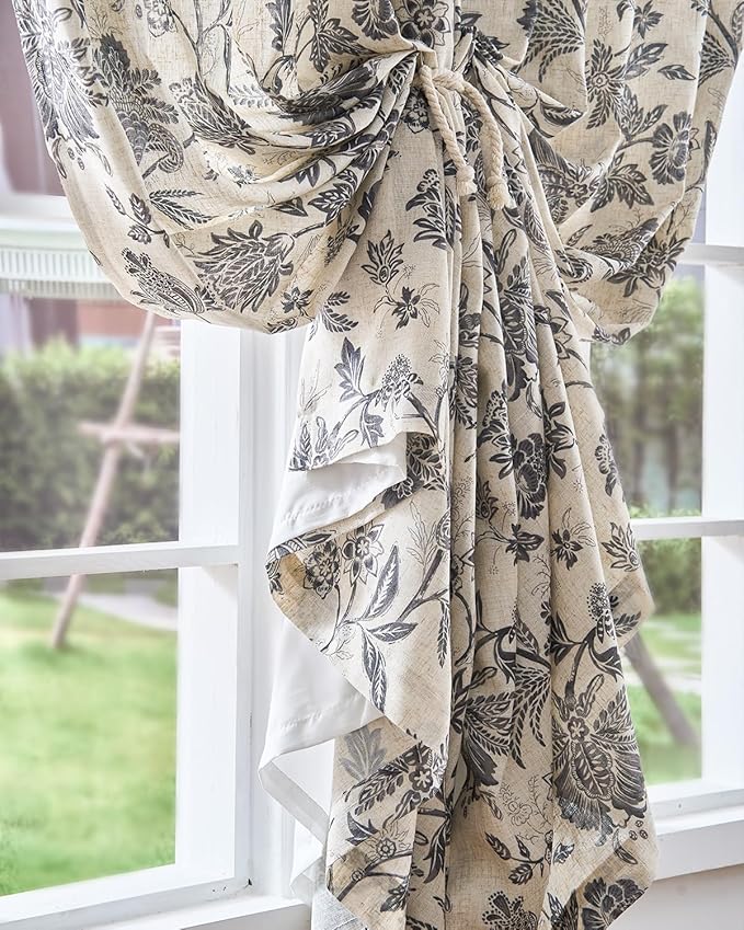 jinchan Lined Linen Floral Curtains for Living Room, 96 Inch Length Printed Flower Farmhouse Patterned French Country Back Tab Black Window Drapes Set Privacy Bedroom Curtains, 2 Panels - Image 7