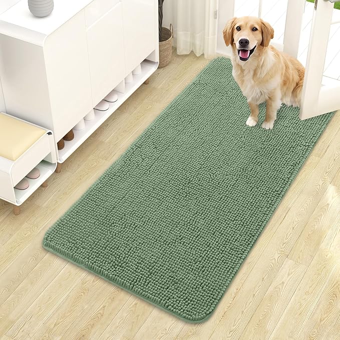 OLANLY Dog Door Mat for Muddy Paws 44x24, Absorbs Moisture and Dirt, Absorbent Non-Slip Washable Doormat, Quick Dry Chenille Mud Mat, Entry Indoor Entryway Carpet for Inside Floor, Olive Green by OLANLY