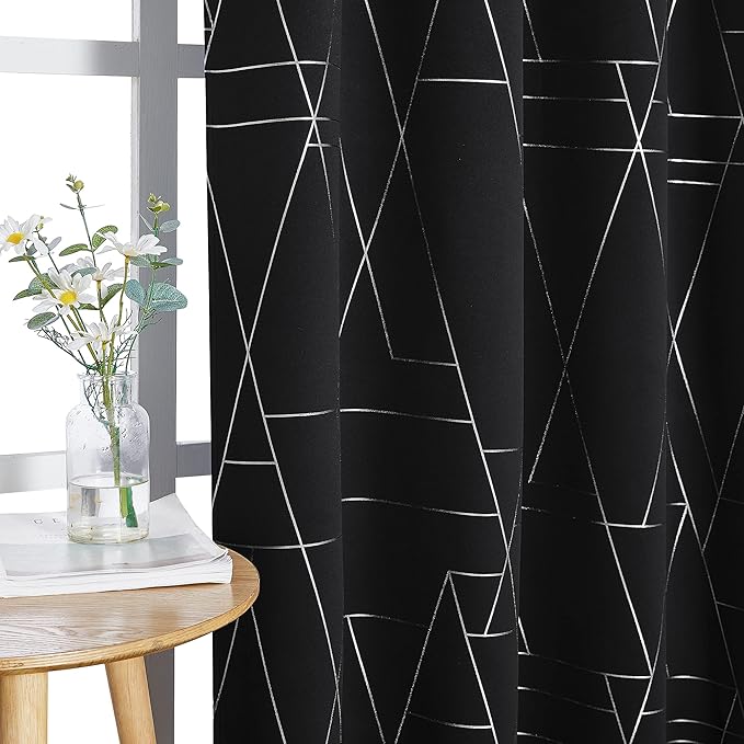 NICETOWN Blackout Curtains for Patio, Modern Foil Printed Geometric Line Home Decoration Thermal Insulated Grommet Blackout Drapes for Large Window Living Room (2 Panels, 52 inches x 95 inches, Black) - Image 3