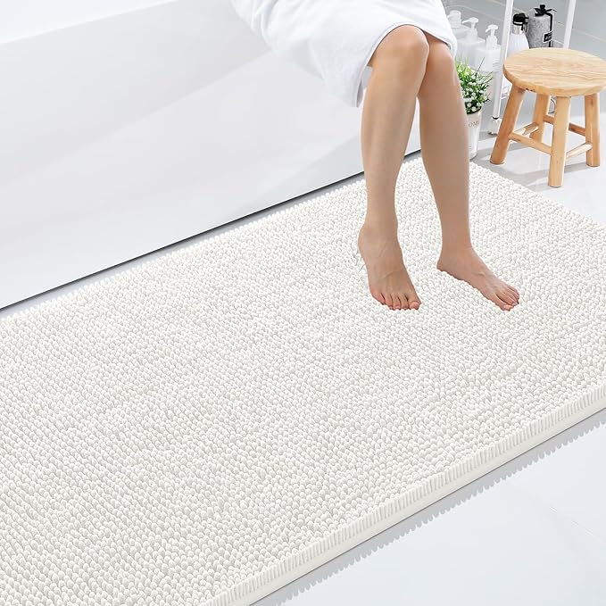 Smiry Luxury Chenille Bathroom Rugs 71x47, Extra Soft and Absorbent Shaggy Bath Mat, Machine Washable, Non-Slip Plush Carpet Runner for Tub, Shower, and Floor, Home Decor Accessories, Ivory by Smiry