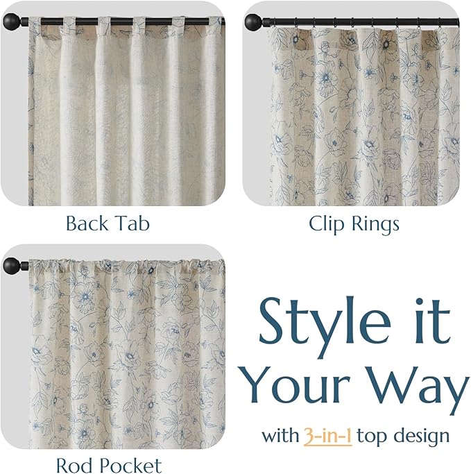 jinchan Floral Linen Curtains for Living Room 96 Inch Length Blue Flower Curtain Rod Pocket Back Tab Farmhouse Curtains with Printed Floral Bedroom Window Curtain Set, 2 Panels Blue - Image 5