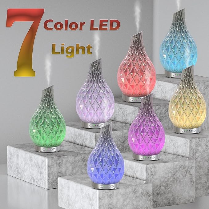 MAXWINER Essential Oil Diffuser Handmade Art Glass Aromatherapy Ultrasonic Humidifier with 7 Colors Lights Changing, Waterless Auto Shut-Off, Time Setting for Home, Office, Room 120ml (Diamond) - Image 2