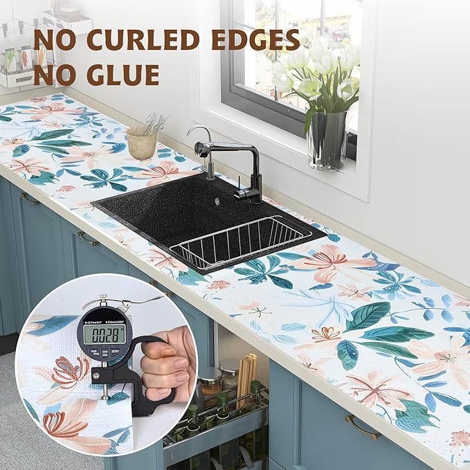 Shelf Liners for Kitchen Cabinets 12in x 10FT, Non Adhesive Drawer Liner Colored Flowers Thickened Shelf Liner Non-Slip Easy to Clean for Tool Box Refrigerator with Knife and Tape Measure - Image 8
