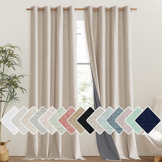 NICETOWN Cream 100% Blackout Linen Curtains 102 inch Long Burg for Living Room, 1 Pair, 52" Width Each Panel, Farmhouse Thick Completely Blackout Window Treatment Thermal Insulated Drapes by NICETOWN