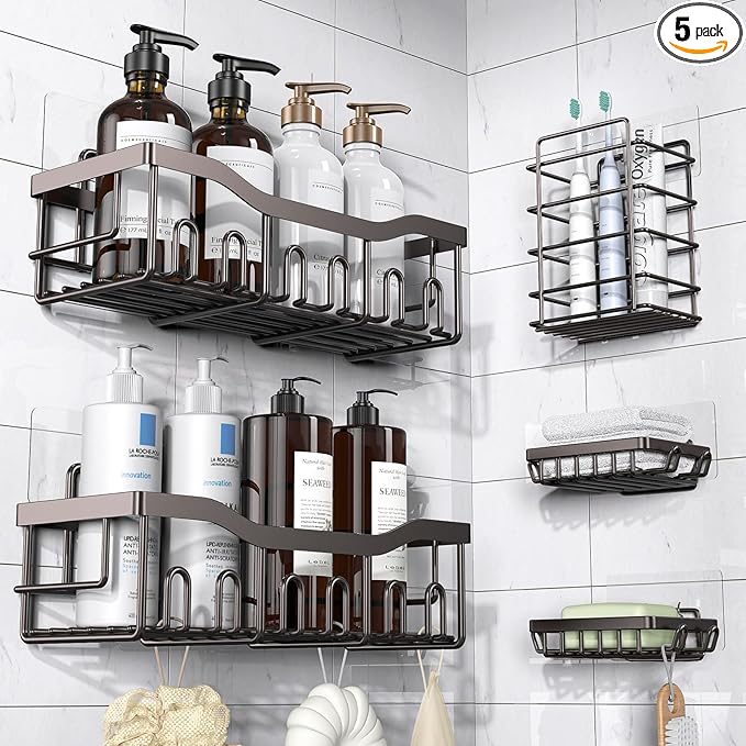 EUDELE 5-Pack Rustproof Stainless Steel Shower Caddy Set– No Drill Adhesive Bathroom Organizer, Space-Saving Shower Shelves for Apartment Essentials, Bathroom/Kitchen Storage Home Decor-L Size by EUDELE