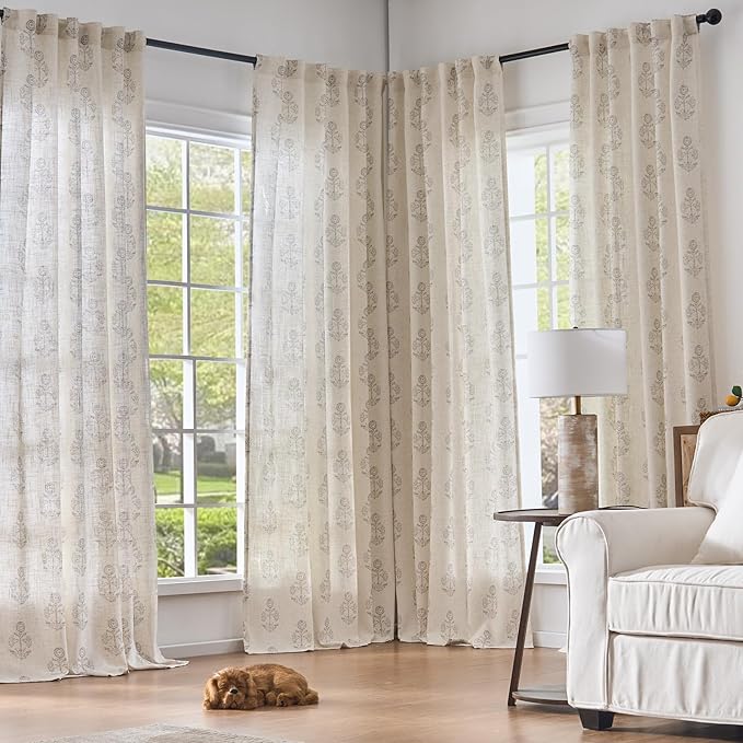 jinchan Linen Floral Curtains for Living Room 84 Inch Length Gray Flower Cottage Core Farmhouse Curtains Rod Pocket Back Tab Boho Semi Sheer Window Drapes Bedroom Set 2 Panels Grey on Beige - Image 8