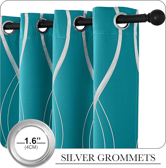 NICETOWN Room Darkening Curtains for Bedroom, Peacock Teal, 2 Panels, 52 x 84 inch, Noise Reducing Thermal Insulated Wave Line Foil Print Design Blackout Curtains for Storage Office Work Area - Image 3