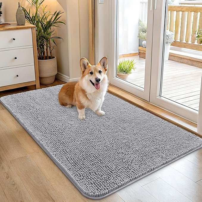 OLANLY Dog Door Mat for Muddy Paws 45x27, Absorbs Moisture and Dirt, Absorbent Non-Slip Washable Doormat, Quick Dry Chenille Mud Mat for Dogs, Entry Indoor Entryway Carpet for Inside Floor, Light Grey by OLANLY