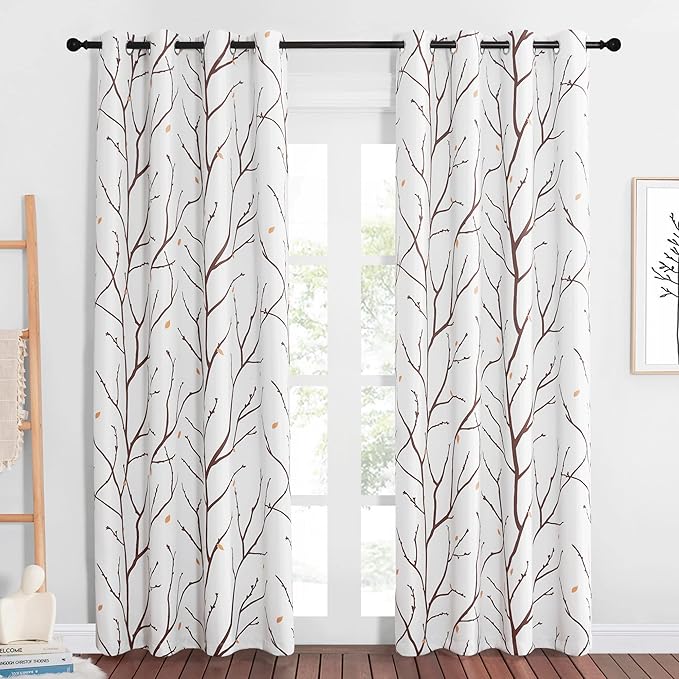 NICETOWN Room Darkening Curtains Branch Pattern for Bedroom, Grommet Top Plant Blackout Window Treatments with Petals Casual & Natural Style for Living Room, Tan, W52 x L84, 1 Pair - Image 2