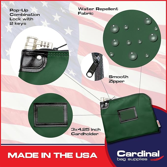 Heavy-Duty Money Bag with Lock – 9" x 12" Water-Repellent Laminated Nylon Bank Deposit Bag with Combination & Keyed Security for Cash, ID Window, Made in USA (Forest Green) - Image 3