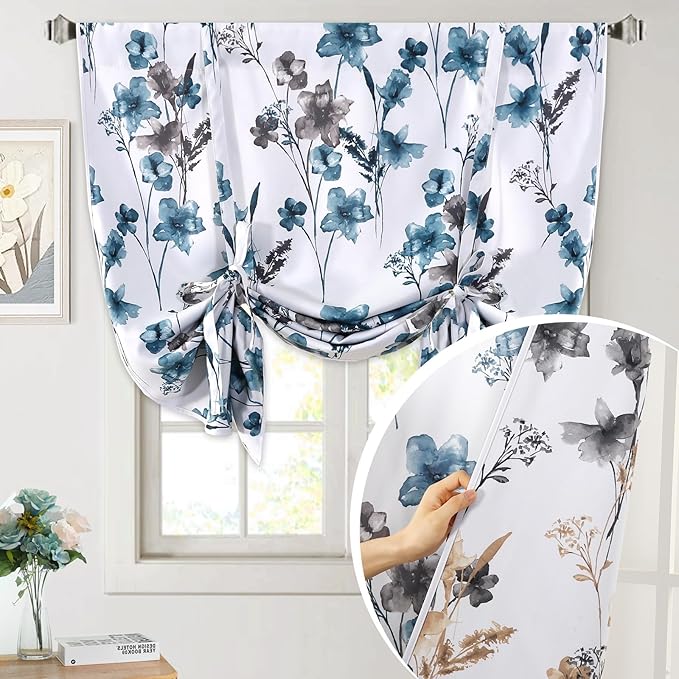 H.VERSAILTEX Double Sided Floral Pattern Printed Tie Up Curtains Thermal Insulated Blackout Short Curtain Bathroom Curtain Rod Pocket Panel, Reversible in Blue/Taupe, 42 inches W x 63 inches L by HVERSAILTEX