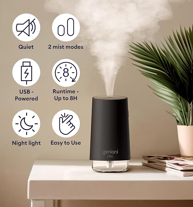 GENIANI Portable Small Cool Mist Humidifier – USB Powered (Not Rechargeable), Compact Desktop Humidifier for Plants, Office, Baby Room – Auto Shut Off & Night Light – Black, 0.25L - Image 4