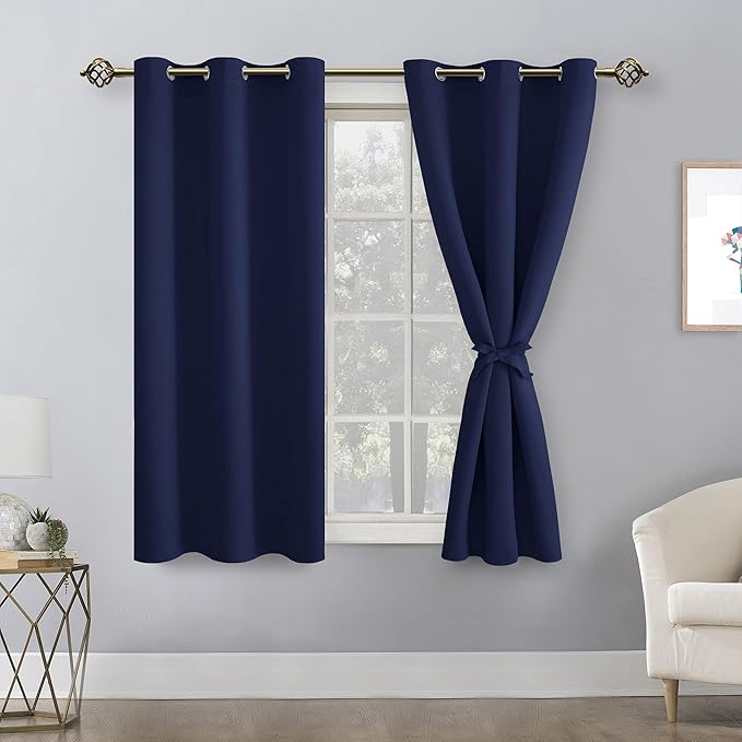 Hiasan Short Blackout Curtains for Bedroom - Thermal Insulated & Light Blocking Window Curtains for Living Room, 2 Drape Panels Sewn with Tiebacks, Navy Blue, 42 x 45 Inch - Image 2