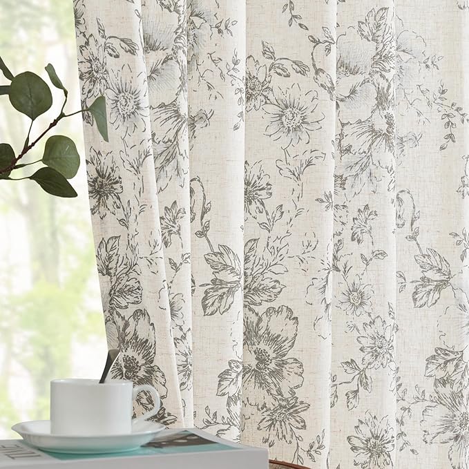 jinchan Linen Blend Curtain Floral Curtains for Living Room 90 Inch Length Grey Printed Curtain Rod Pocket Back Tab Farmhouse Peony Flower Patterned Drapes Bedroom Window Curtains Set 2 Panels - Image 2