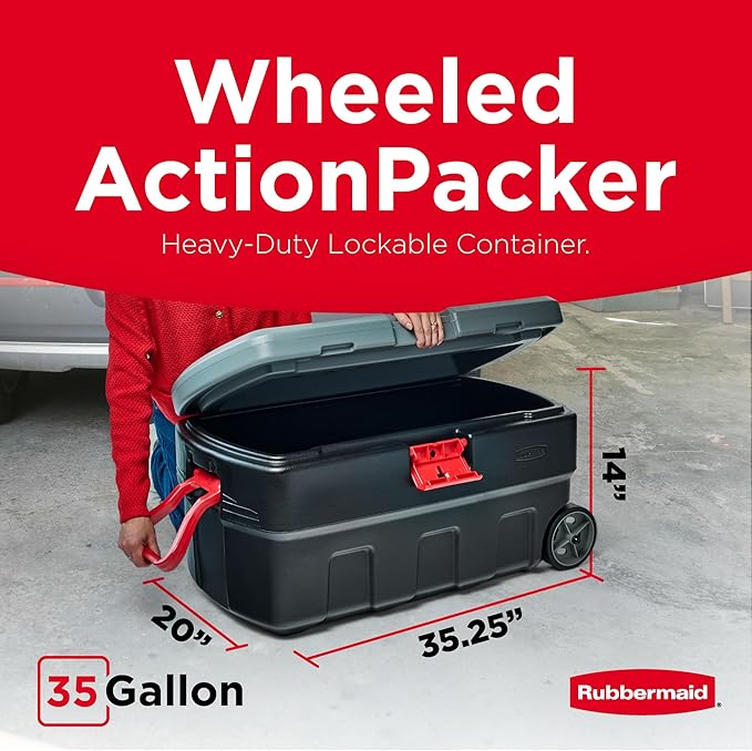 Rubbermaid ActionPacker 35 Gallon, Made in USA, Lockable Plastic Storage Bin with Lid and Wheels- Outdoor, Industrial, Rugged, Camping Gear and Truck Bed Storage - Gray and Black - Image 2