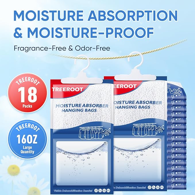 18 Pack Moisture Absorbers for Closet, 16OZ Hanging Closet Dehumidifier Bags, Hanging Humidity Absorber in Wardrobes, Kitchens and Bathrooms, Fragrance Free Portable Moisture bags - Image 2