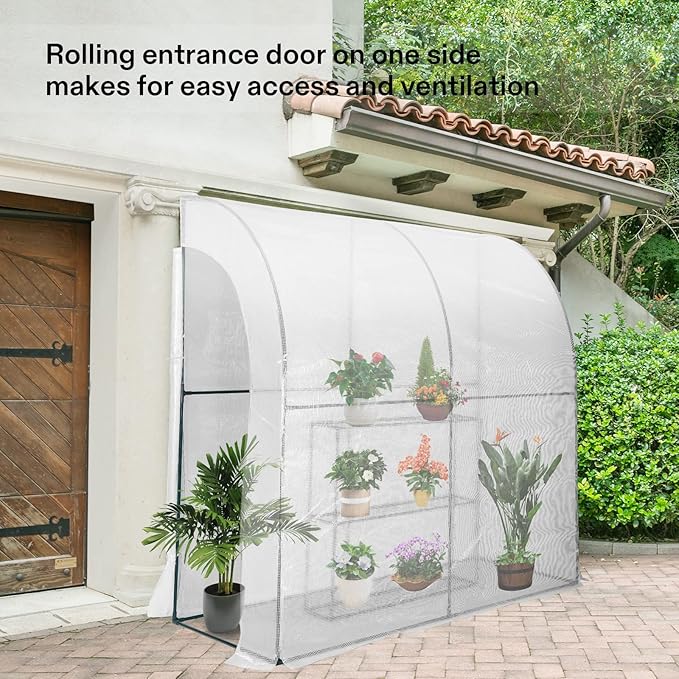 VIVOSUN Mini Lean-to Greenhouse, 6.6’ x 3.3’ x 6.9’ Portable Wall House with White PE Cover and Shelf for Compact Garden 79x39x83-Inch - Image 2