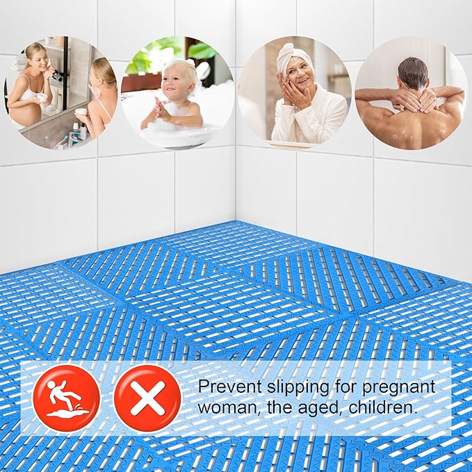 MYFAMIREA Modular Interlocking Cushion 12 Pack 11.8" x 11.8" Rubber Floor Tiles Non-Slip Splicing Drainage Mats for Deck, Pool, Shower, Patio, Balcony, Bathroom, Kitchen, Yard (Diagonal, Blue) - Image 6