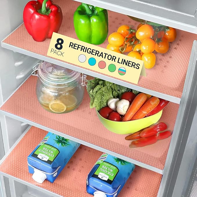 Refrigerator Liners for Shelves (8 Pack) by Linda’s Essentials - Non-Adhesive Shelf or Drawer Liner, BPA-Free Fridge Mats for Kitchen & Cabinets, Easy to Clean, Ideal Household Essentials (Pink) by LindasEssentials