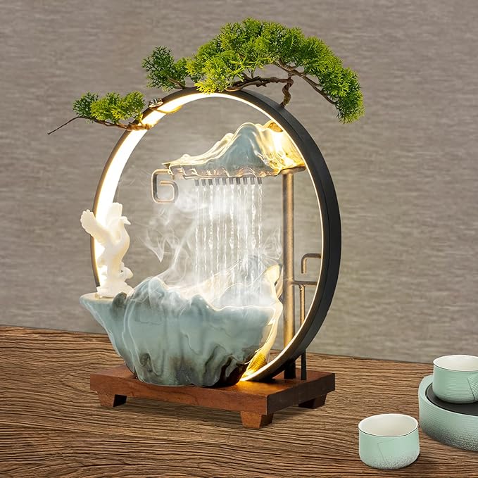 15In White Crane Water Fountain Waterfall Indoor Tabletop Decration Humidifier with LED Light, Atomizer Circulating Water, Japanese Zen Decor Meditation Feng Shui Decor Festival Birthday Gift - Image 2
