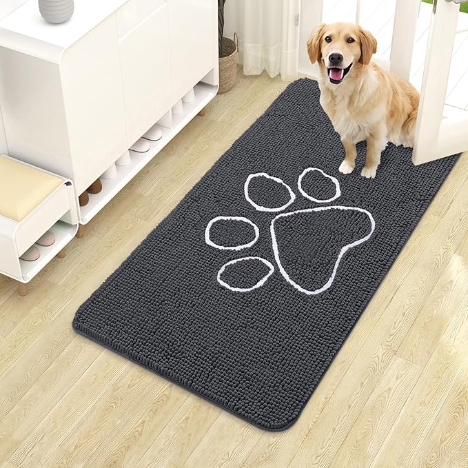 OLANLY Dog Door Mat for Muddy Paws 40x24, Paw Print Design, Absorbs Moisture and Dirt, Absorbent Non-Slip Washable Doormat, Quick Dry Chenille Mud Mat for Dogs, Entry Indoor Entryway Carpet, Dark Grey by OLANLY