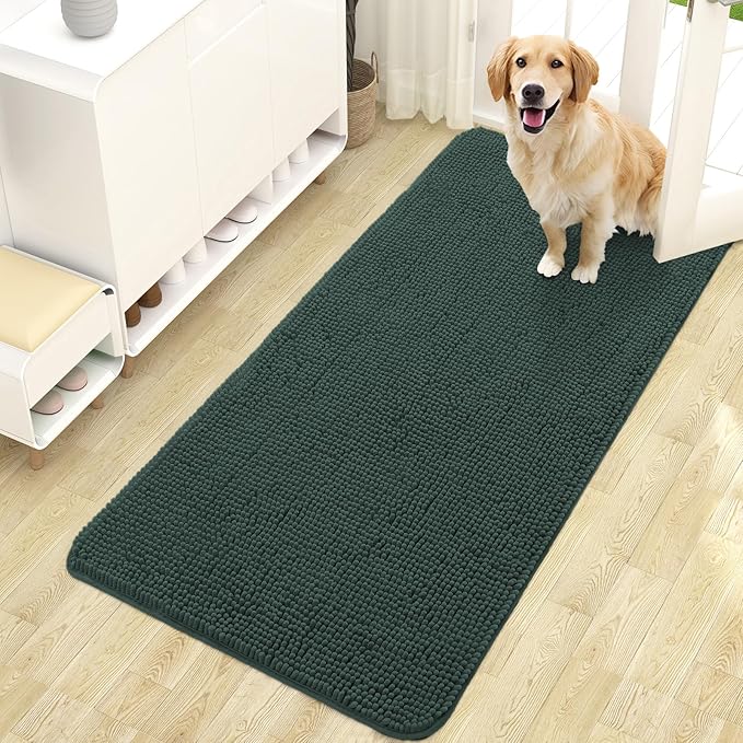 OLANLY Dog Door Mat for Muddy Paws 47x24, Absorbs Moisture and Dirt, Absorbent Non-Slip Washable Doormat, Quick Dry Chenille Mud Mat, Entry Indoor Entryway Carpet for Inside Floor, Blackish Green by OLANLY