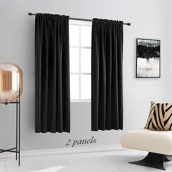 DONREN 99% Blackout Curtain Panels for Bedroom - Thermal Insulated Room Darkening Curtains for Living Room, 2 Window Curtain Panels (52 x 63 Inch,Black) - Image 2