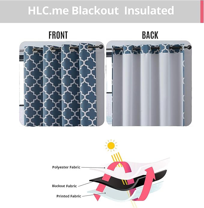 HLC.ME Lattice Print Decorative Blackout Thermal Insulated Privacy Room Darkening Grommet Window Drapes Curtain Panels for Bedroom - Dusty Blue - Set of 2-52 x 84 Inch Length - Image 3
