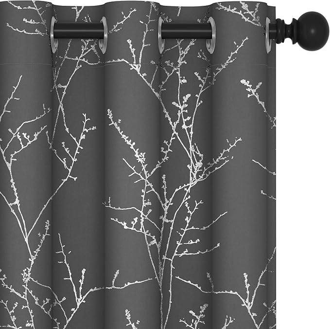 Deconovo Blackout Curtains Grey, Thermal Insulated Soundproof Drapes, Silver Branch Foil Print, 42 x 54 Inch, 2 Panels, Machine‑Washable Privacy Window Panel for Living Room Bedroom Small Windows by Deconovo