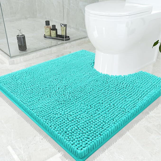 Smiry Luxury Chenille Toilet Rugs U-Shaped 24x24, Soft Absorbent Non-Slip Contour Bathroom Rugs for Toilet, Machine Washable Contoured Bath Mats, Turquoise by Smiry