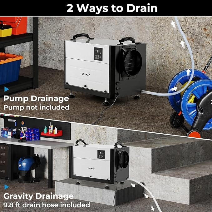 COSTWAY 124 PPD Commercial Dehumidifier, 1300 Sq.Ft Crawl Space Dehumidifier with 9.8 FT Drain Hose & Wired Remote Control Panel, Ideal for Basement, Warehouse, Job Site (White) - Image 5