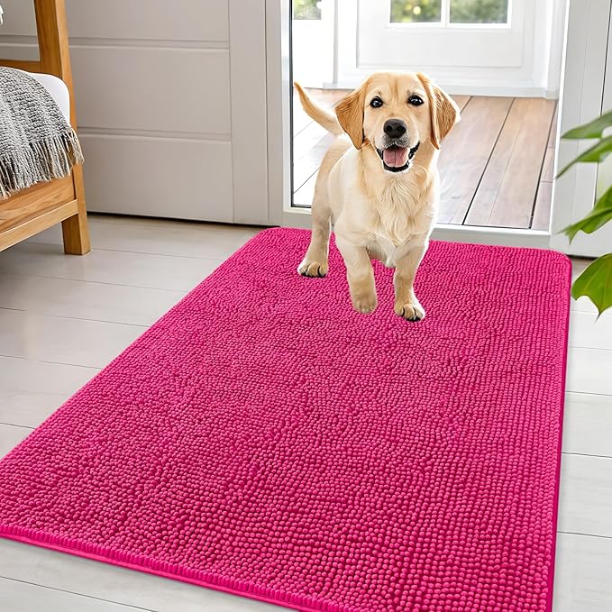 OLANLY Dog Door Mat for Muddy Paws 44x32, Absorbs Moisture and Dirt, Absorbent Non-Slip Washable Doormat, Quick Dry Chenille Mud Mat for Dogs, Entry Indoor Entryway Carpet for Inside Floor, Hot Pink by OLANLY