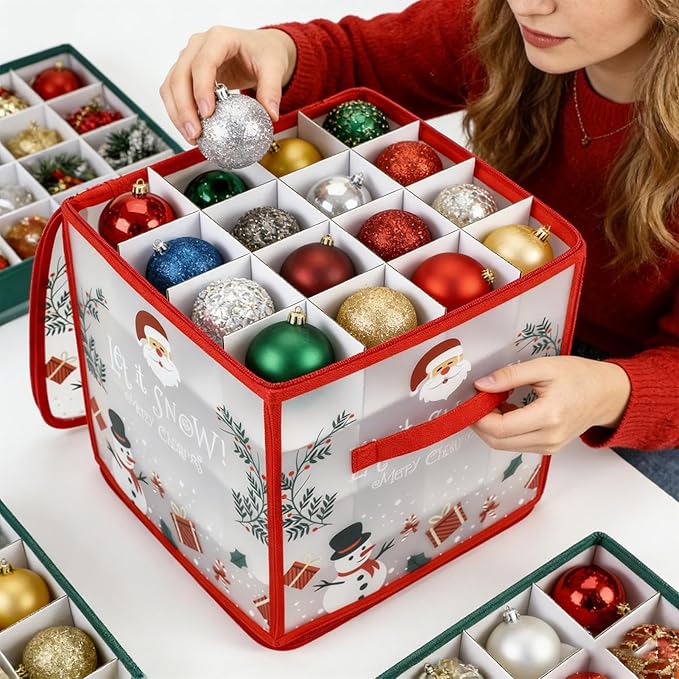 Christmas Bauble and Decoration Storage Cube with Dividers for 64 Balls - Christmas Ornament Storage Box | Folding 4 Layer Holder with DualZipper & Handles | Holiday Decor Organizing Container Bin - Image 5